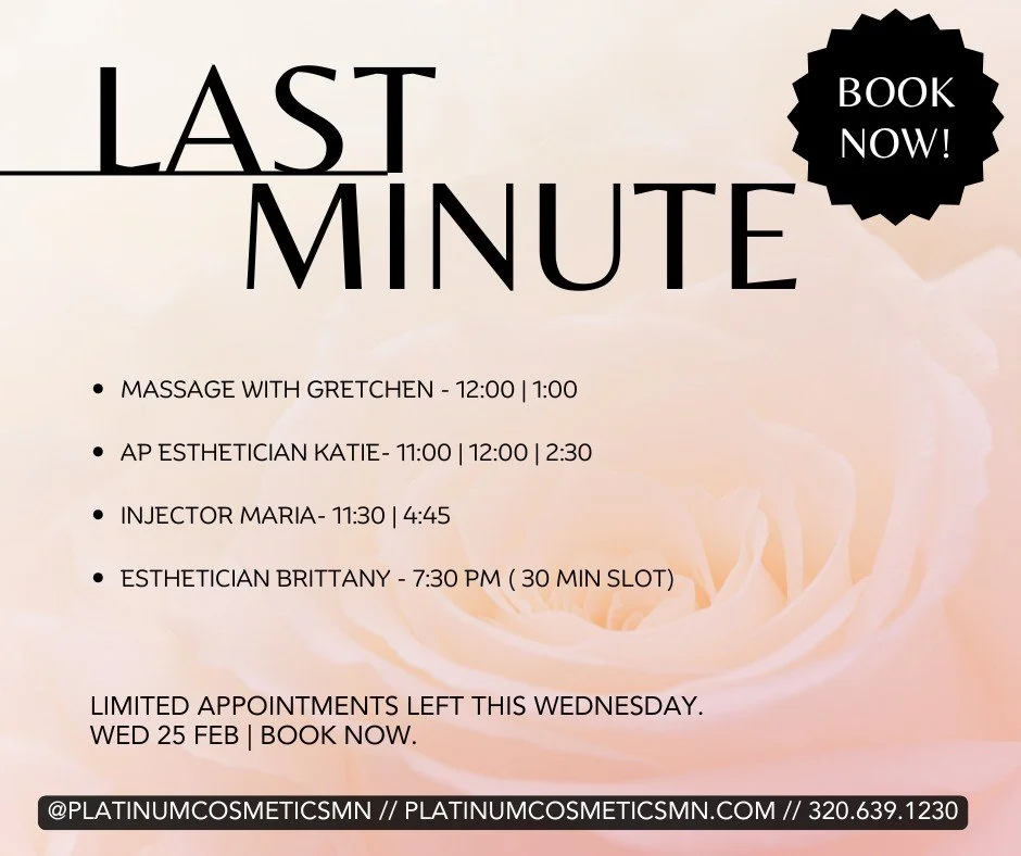 ✨ LAST MINUTE OPENINGS TOMORROW ✨

Need a little self-care or a glow-up before the week gets busy? We&rsquo;ve got a few spots left! 🙌

💆&zwj;♀️ Massage with Gretchen &ndash; 12:00 | 1:00
✨ AP Esthetician Katie &ndash; 11:00 | 12:00 | 2:30
💉 Injec