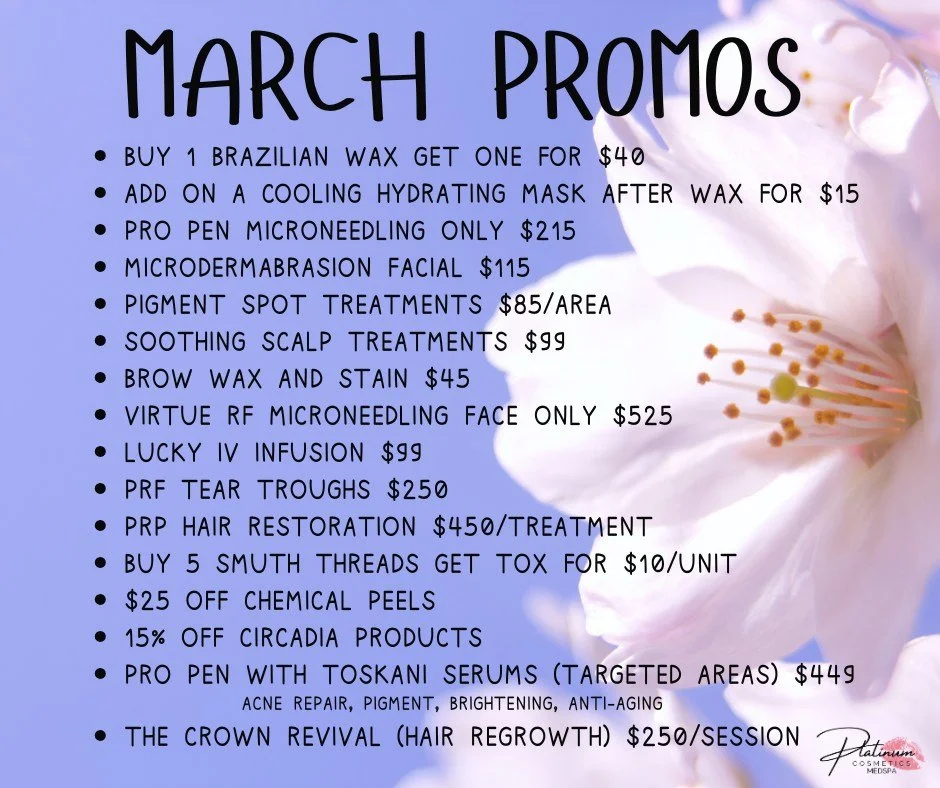 🌷✨ MARCH PROMOTIONS ARE HERE ✨🌷

Purchase this month and use now or later &mdash; but don&rsquo;t wait too long 👀

💛 Buy 1 Brazilian Wax, Get 1 for $40
✨ Add a Cooling Hydrating Mask after wax for $15
✨ Pro Pen Microneedling &ndash; $215
✨ Microd