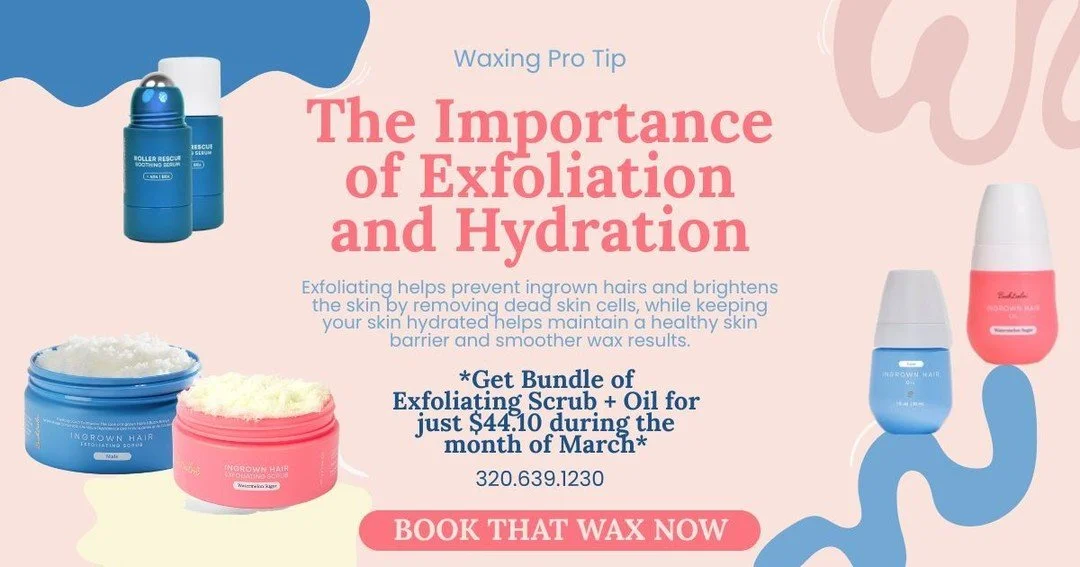 ✨ Waxing Aftercare Matters ✨

If you want the best waxing results, exfoliating and moisturizing are key. Regular exfoliation helps prevent ingrown hairs by removing dead skin cells, while keeping your skin hydrated helps maintain a healthy skin barri