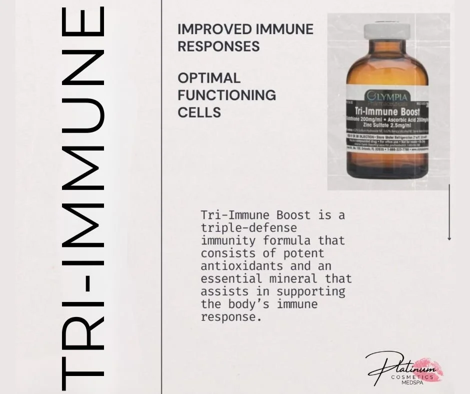 💉 Feeling Run Down? Meet the Tri-Immune Boost!

When your immune system needs extra support, Tri-Immune Boost injections can help your body fight back and recover faster. This powerful blend of Glutathione, Vitamin C, and Zinc works together to stre