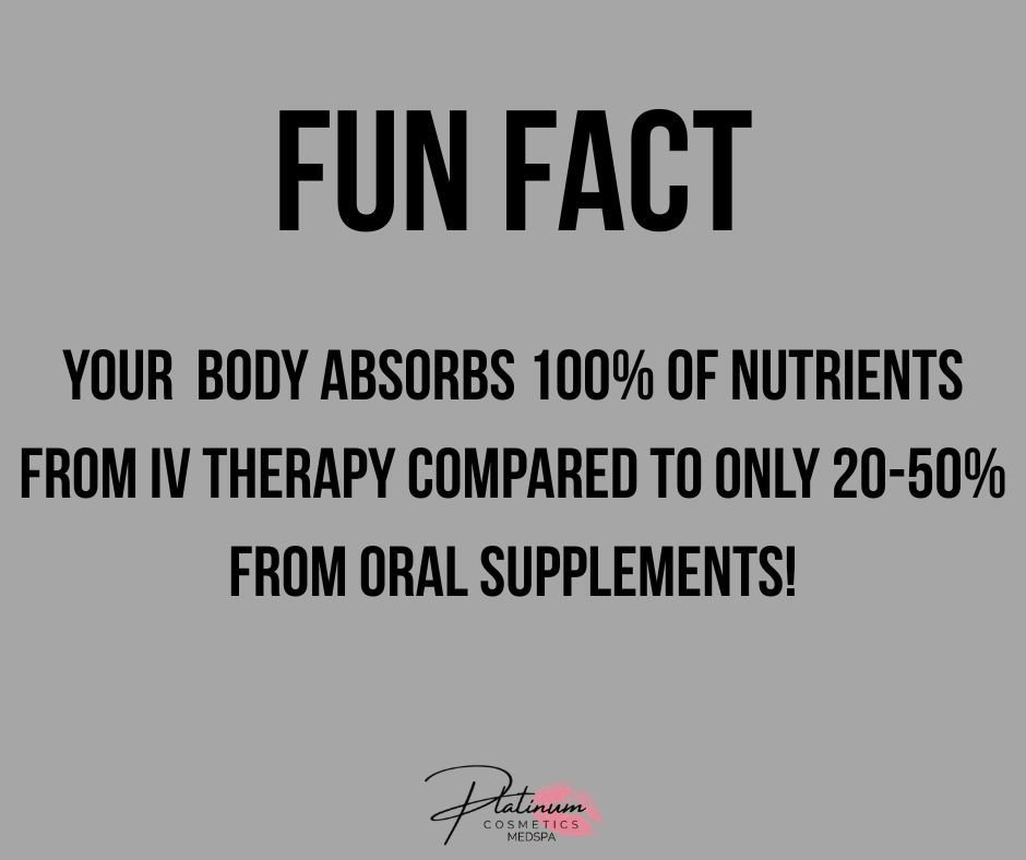 💧 Did You Know? Your Body Absorbs WAY More Nutrients with IV Therapy!

When you take vitamins by mouth, your digestive system has to break them down first. Because of this process, your body typically absorbs only about 20&ndash;50% of the nutrients