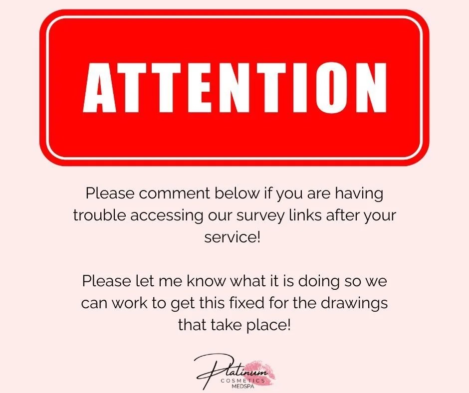 🚨 ATTENTION CLIENTS 🚨

Please comment below if you are unable to access our survey links after your appointment.

When you do, let us know exactly what it&rsquo;s doing (not loading, error message, link not working, etc.) so I can work on getting t