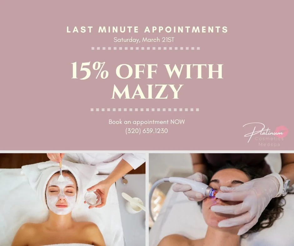 ✨ Last-Minute Openings with Maizy Tomorrow! ✨

We&rsquo;ve got 2 last-minute spots available &mdash; and a little extra incentive to treat yourself 💆&zwj;♀️

🗓 Tomorrow:
⏰ 9:00 AM
⏰ 10:00 AM

💖 Enjoy 15% OFF all services with Maizy!

Whether you n