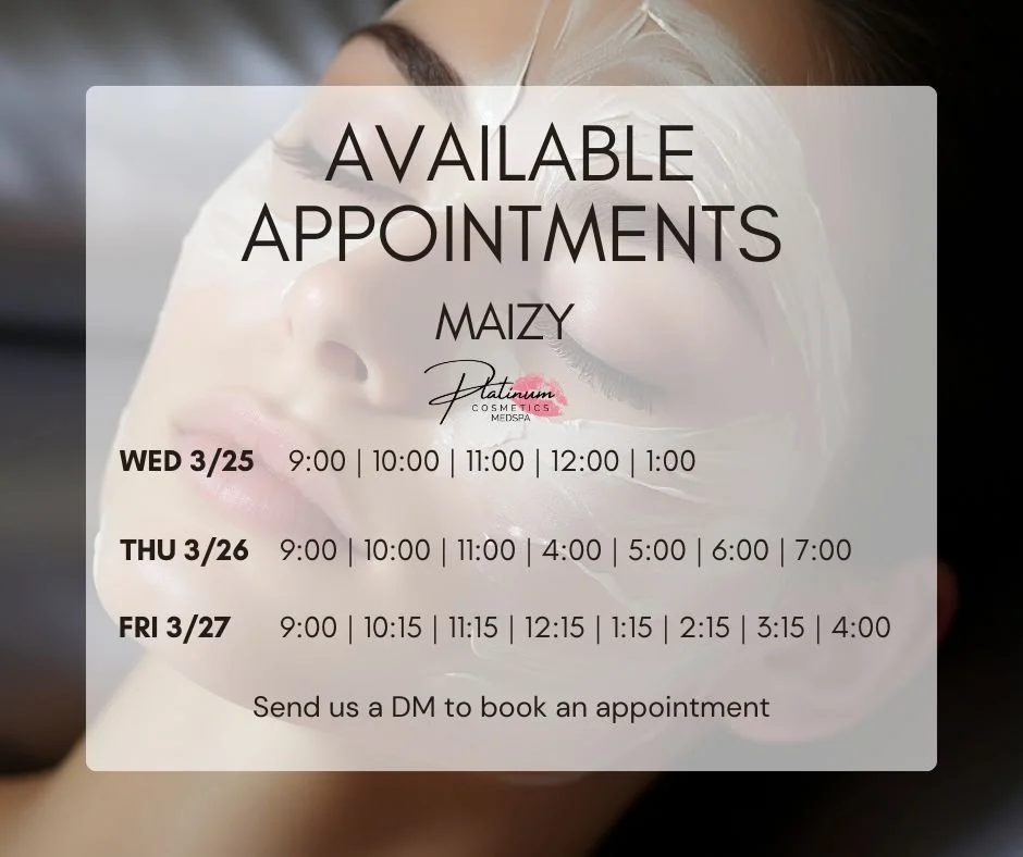✨ Maizy&rsquo;s Openings This Week! ✨

Maizy has a few openings available this week &mdash; and they won&rsquo;t last long! If you&rsquo;ve been meaning to get in, this is your chance to start your summer skin routine now ☀️💆&zwj;♀️

Consistency is 