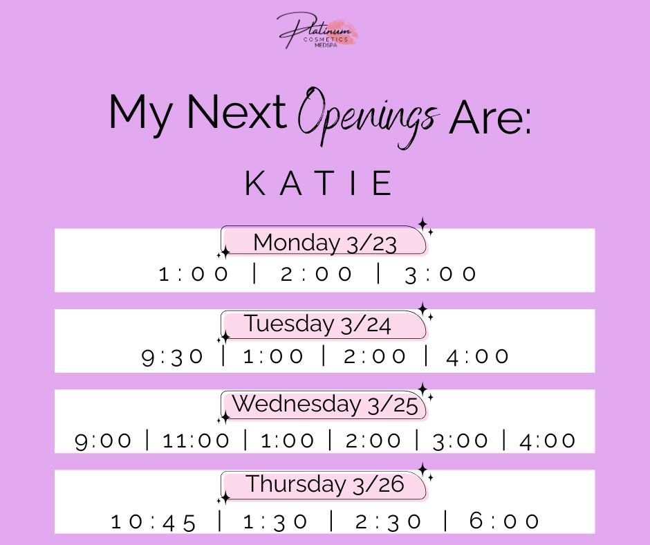 ✨ Katie&rsquo;s Openings This Week! ✨

Katie has a limited number of openings coming up this week &mdash; and this is your sign to get in and get your skin summer-ready! ☀️💆&zwj;♀️

Consistency is key when it comes to great skin, and now is the perf