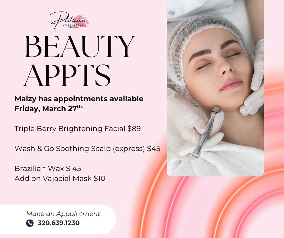 ✨📅 Open Appointments with Maizy! 📅✨

Maizy has availability this Friday, March 27th &mdash; the perfect time to treat yourself 🤍

Current Specials:
🍓 Triple Berry Brightening Facial &mdash; $89
✨ Wash &amp; Go Soothing Scalp (Express) &mdash; $45