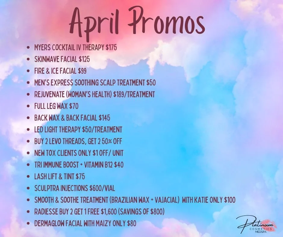 ✨🌸 APRIL MONTHLY SPECIALS ARE HERE! 🌸✨
New month = new deals to help you feel refreshed, confident, and glowing from head to toe 🤍

✨ April Specials:
💧 Myers Cocktail IV Therapy &mdash; $175
✨ Skinwave Facial &mdash; $125
🔥 Fire &amp; Ice Facial