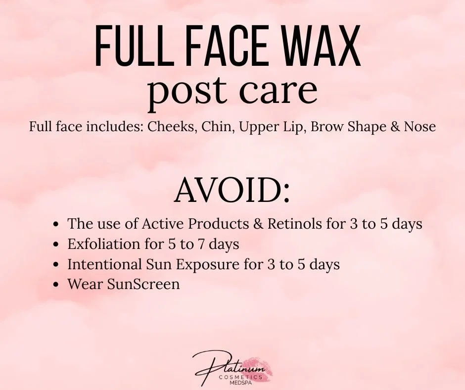 ✨ Full Face Wax Post Care ✨

Your full face wax includes:
Cheeks | Chin | Upper Lip | Brow Shape | Nose

Now let&rsquo;s protect that smooth glow 💛

After your appointment, please AVOID:
🚫 Active products &amp; retinols for 3&ndash;5 days
🚫 Exfoli