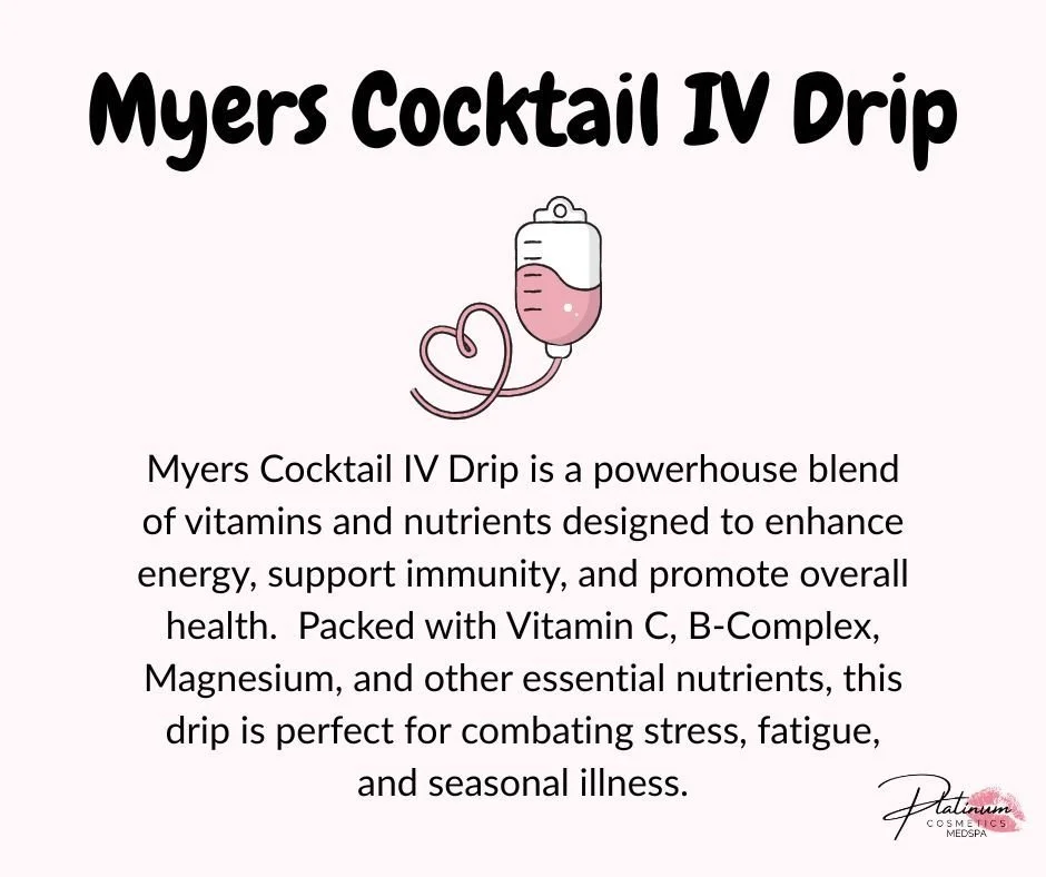💧✨ NOW AVAILABLE AT PLATINUM: Myers&rsquo; Cocktail IV Drip ✨💧

Feeling run down, dehydrated, or just not your best? It might be time to give your body exactly what it&rsquo;s been craving &mdash; from the inside out.

Our Myers&rsquo; Cocktail IV 
