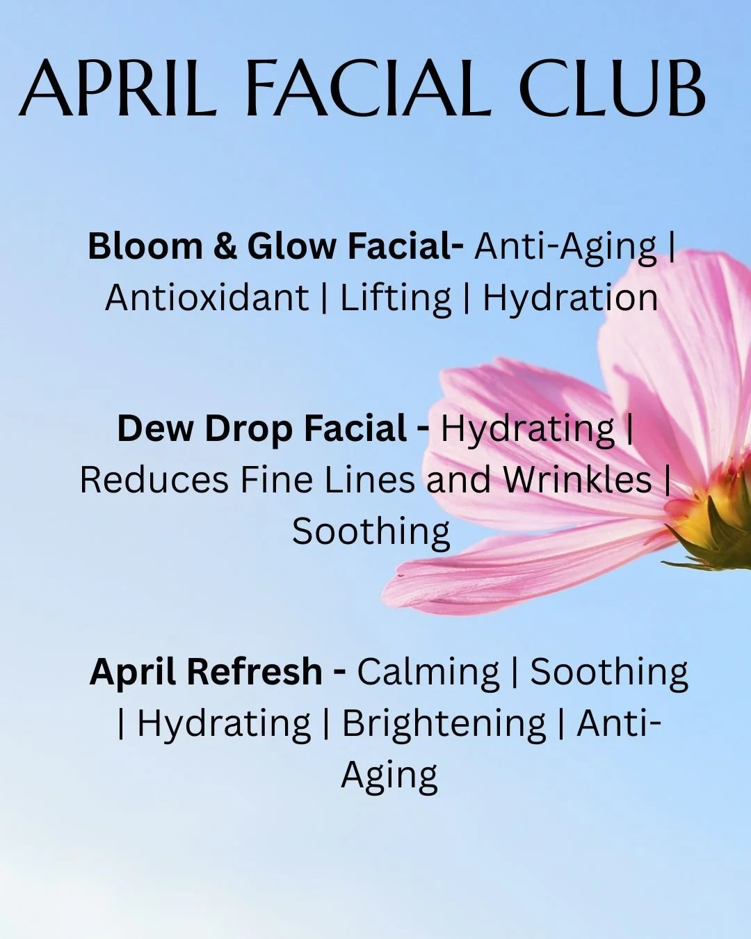 🌸 APRIL FACIAL CLUB 🌸
It&rsquo;s time to refresh, rehydrate, and glow into spring ✨
From anti-aging to deep hydration&mdash;we&rsquo;ve got your skin covered 🤍
Book your April facial now!