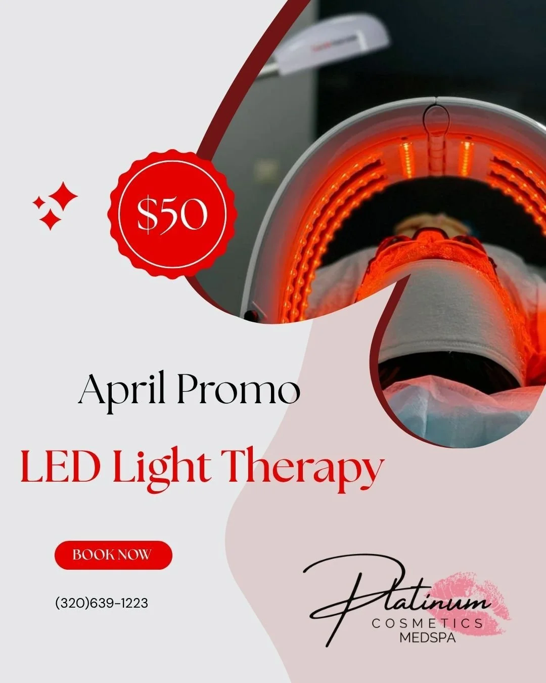 APRIL PROMO ✨
LED Light Therapy &bull; $50 per treatment

Restore, repair, and rejuvenate your skin with this relaxing, non-invasive treatment&mdash;designed to boost collagen, calm inflammation, and enhance your natural glow.

Book now 💕