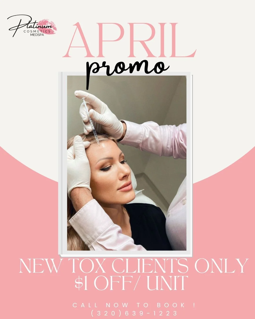 Thinking about Tox for the first time? ✨
Now&rsquo;s your chance&mdash;new clients get $1 OFF per unit.

Smooth lines, refreshed look, natural results.
Call now to book 💕 (320) 639-1223