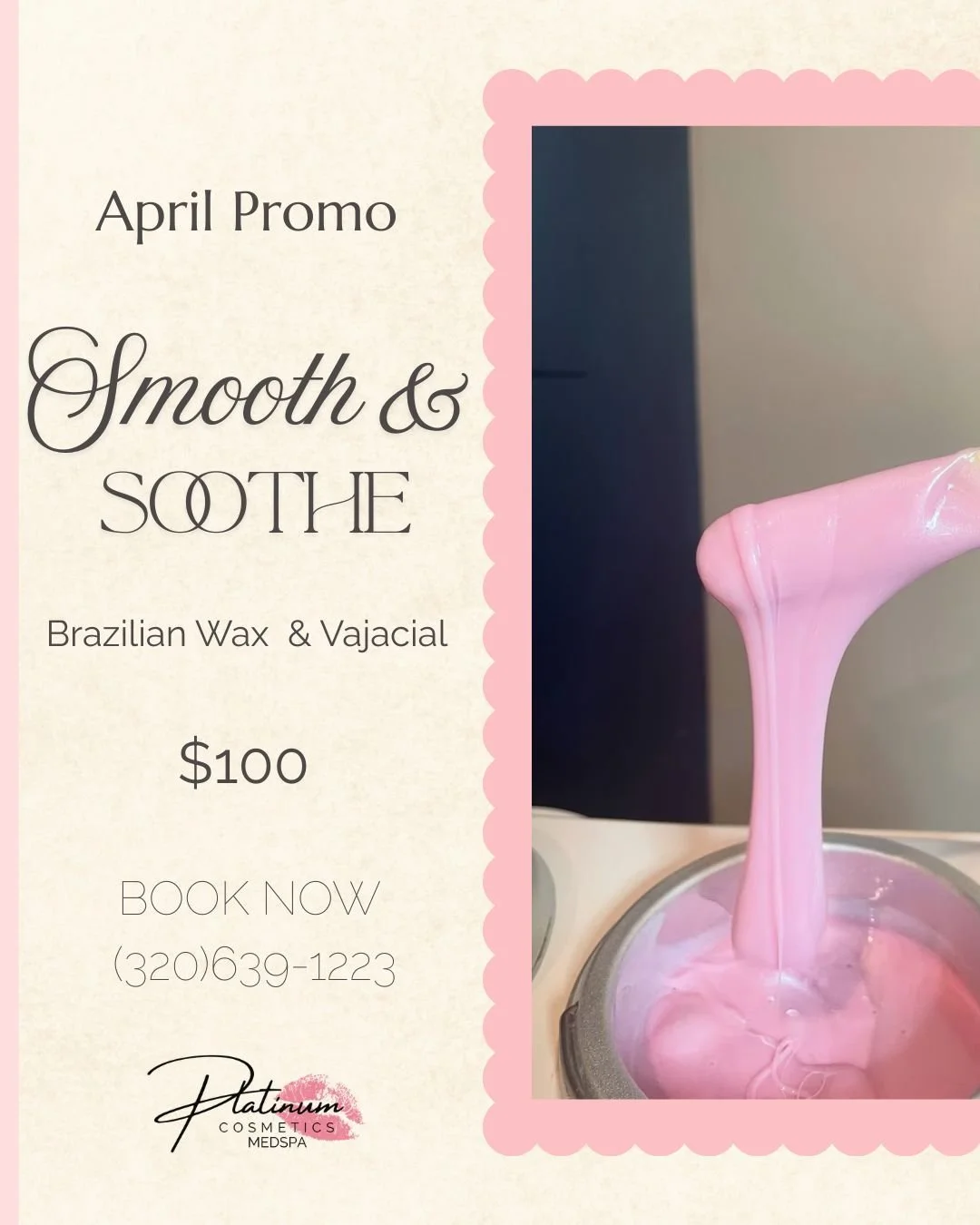 Take your wax to the next level ✨
Our Smooth &amp; Soothe treatment combines a Brazilian wax with a calming vajacial to help prevent ingrowns, reduce irritation, and leave skin soft and refreshed.

April Special &bull; $100
Call now to book 💕