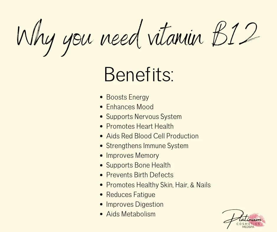 💉✨ Why Your Body Needs Vitamin B12 ✨💉

Feeling tired, foggy, or just not yourself? Vitamin B12 is essential for keeping your body running at its best &mdash; from energy to overall wellness 🤍

B12 Benefits:
⚡️ Boosts energy &amp; reduces fatigue
?