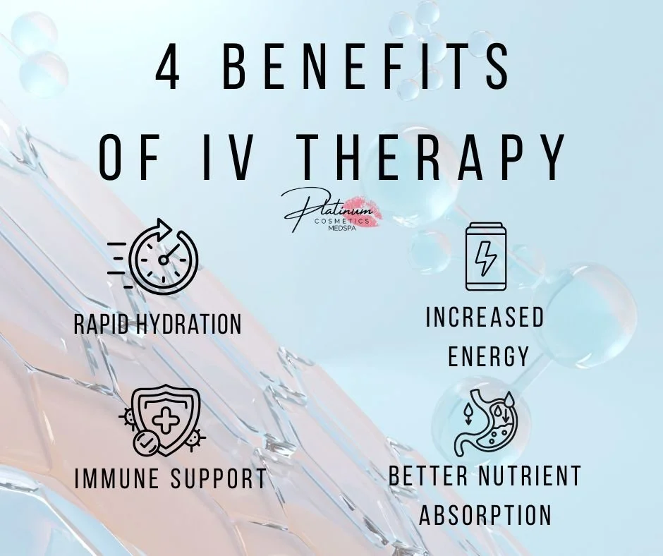 💧 Give your body the boost it deserves with IV Therapy at Platinum Cosmetics!

IV Therapy is a fast and effective way to replenish essential vitamins, minerals, and fluids directly into your bloodstream &mdash; helping your body absorb nutrients qui