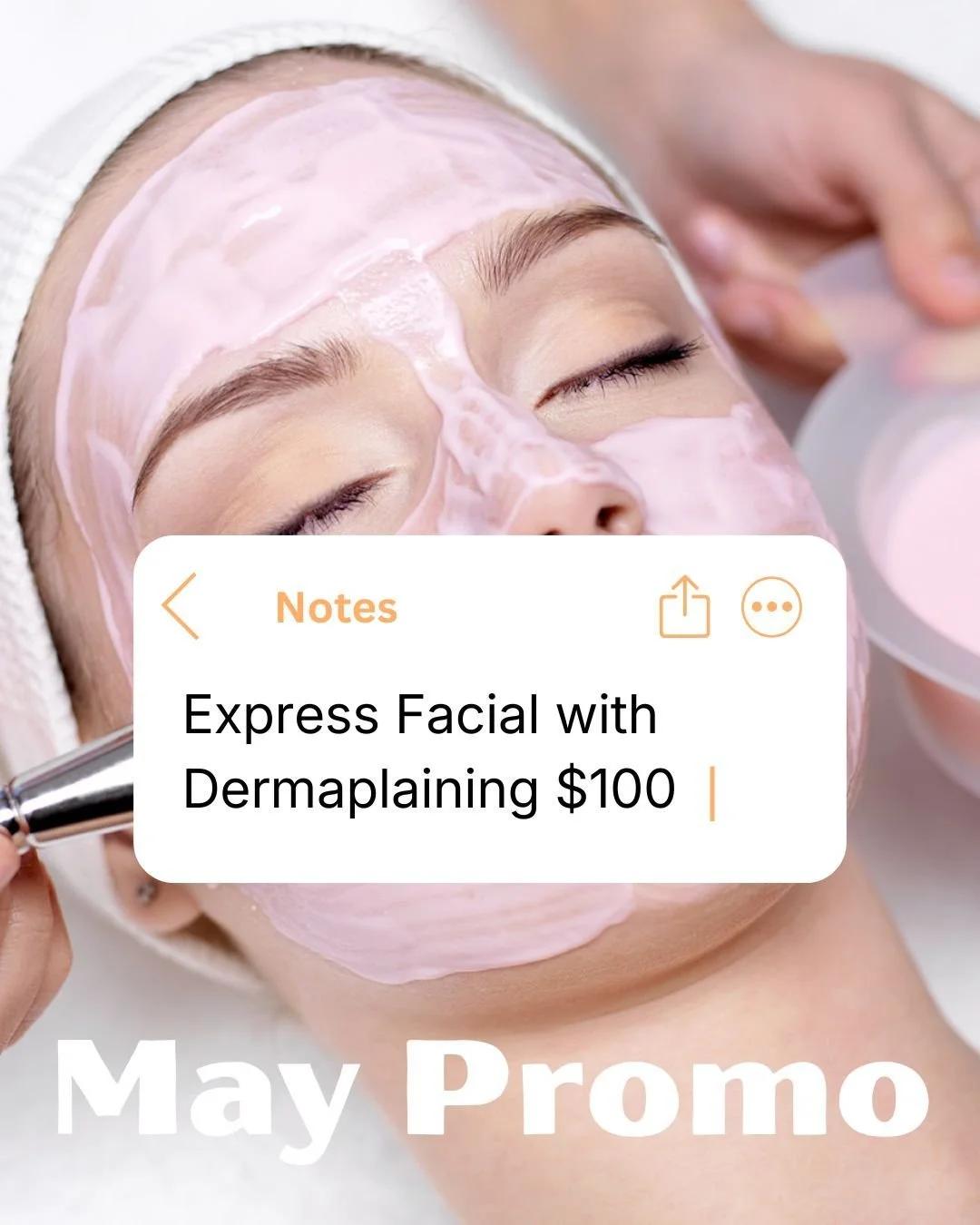MAY PROMO 🌸

✨ Express Facial + Dermaplaning
✨ $100

Quick, smooth, glowing skin&mdash;perfect for busy schedules 🤍
📞 320.639.1230
