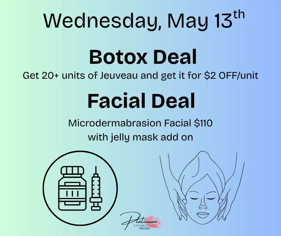✨🤍 WEDNESDAY, MAY 13TH &ndash; YOUR GLOW-UP DAY 🤍✨

Ready to look fresh, smooth, and glowing just in time for summer? We&rsquo;ve got the perfect midweek treat for you 👇

💉 Botox Deal featuring Jeuveau
Get 20+ units and receive $2 OFF per unit 🔥