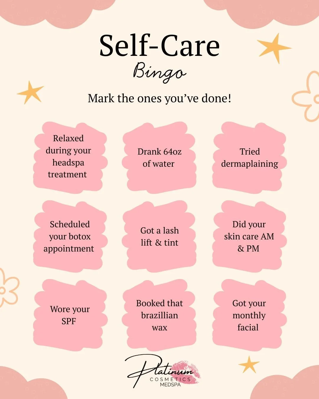 SELF-CARE BINGO 💖

Mark off what you&rsquo;ve done and let us know how many you got 👇

Need help checking a few more off? 😉
We&rsquo;ve got you covered ✨

📞 320.639.1230