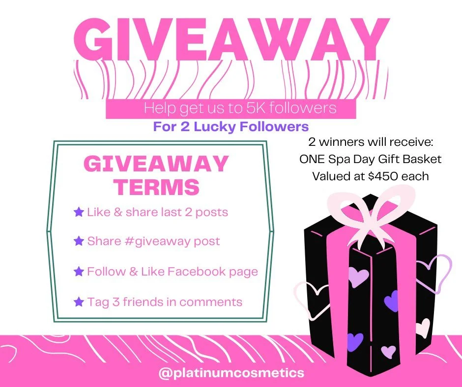 🎉✨ HELP US REACH 5K FOLLOWERS GIVEAWAY ✨🎉

We&rsquo;re SO close to 5,000 followers and to celebrate, we&rsquo;re choosing ✨TWO WINNERS✨ this time!

Each winner will receive a Spa Gift Basket valued at 💕 $450 💕

🚨 PLEASE READ 🚨
We will NEVER ask