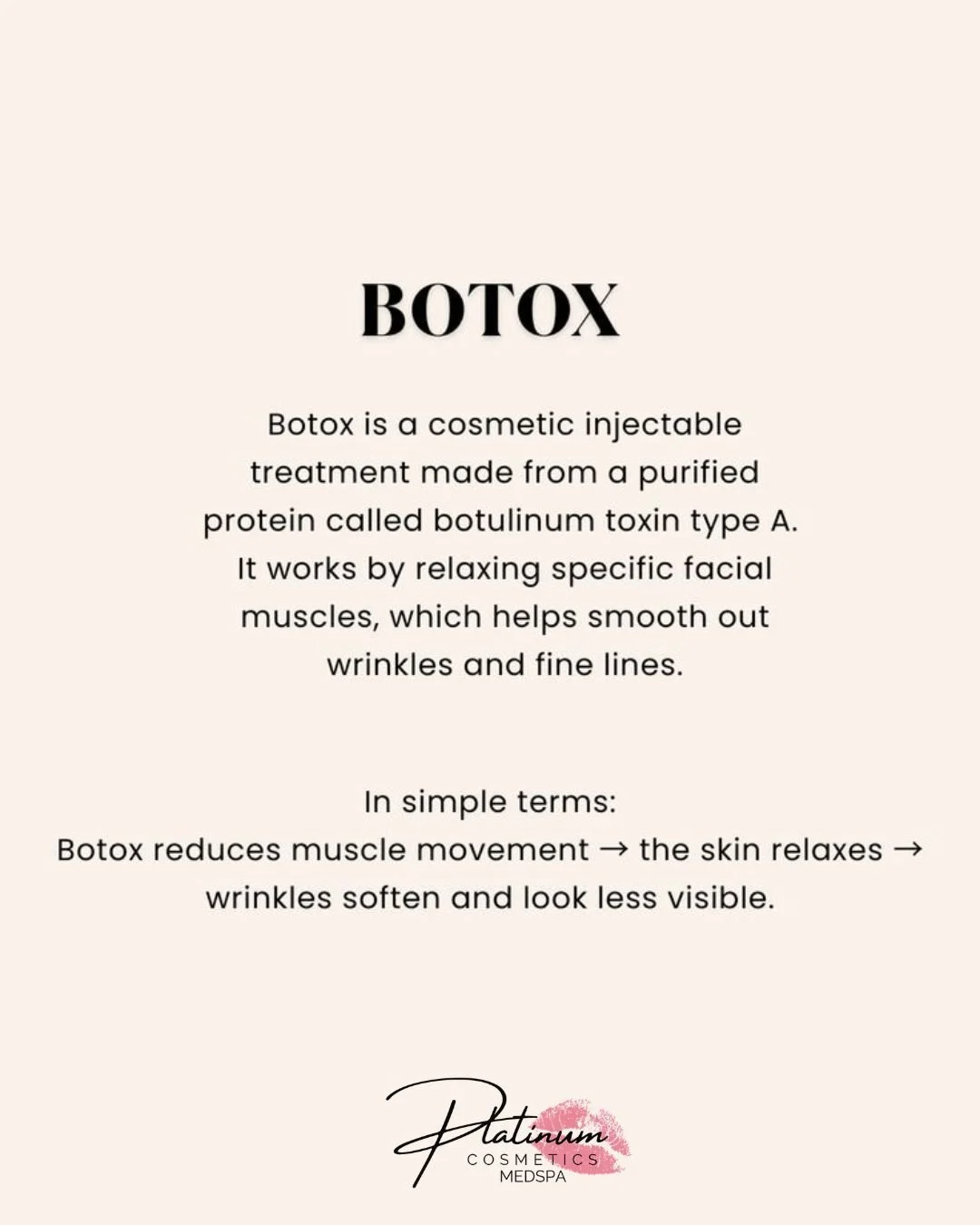 Botox made simple 💉✨

It works by relaxing the muscles that cause wrinkles&mdash;helping your skin look smoother and more refreshed 🤍

Subtle. Natural. Effective.

📞 320.639.1230