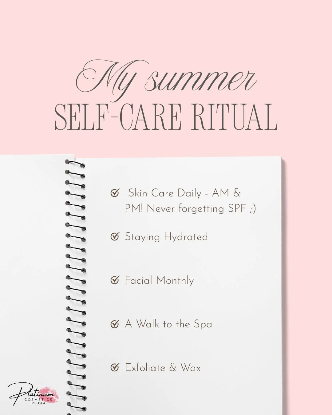 Self-Care Saturday 💖

Summer glow starts with the little things:
✨ AM + PM skincare
💧 Hydration
🚶&zwj;♀️ A walk to the spa
💆&zwj;♀️ Monthly facial
💅 Exfoliate + wax

What&rsquo;s part of YOUR self-care ritual? 👇