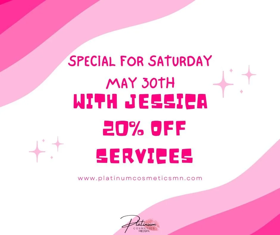 ✨ SATURDAY SPECIAL WITH JESSICA ✨

Saturday, May 30th &mdash; ALL services with Jessica are 20% OFF! 💖

Now is the perfect time to refresh, relax, and get your glow on before the summer rush hits ☀️✨ Whether you&rsquo;re needing skincare, self-care,