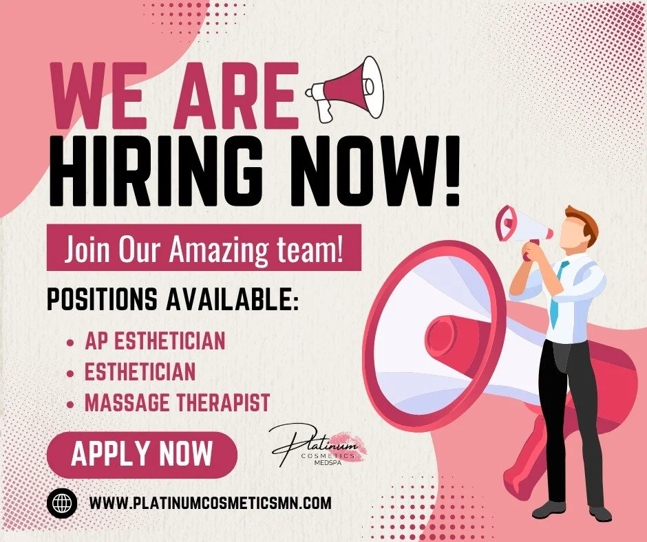 ✨ WE ARE HIRING ✨

Come join the amazing team at Platinum Cosmetics! 💖 We are currently looking to add passionate, motivated, and talented individuals to our growing team!

Now Hiring:
✨ AP Esthetician
✨ Esthetician
✨ Massage Therapist

If you love 