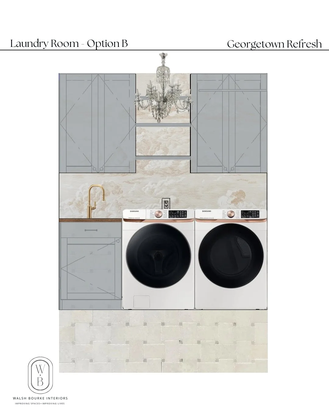Neutral or blue?
Two laundry rooms, two completely different moods. 🧺✨

This historic house in Georgetown came with a beautiful Waterford crystal chandelier that didn&rsquo;t fit the direction of the main design. Instead of letting it go, we wanted 