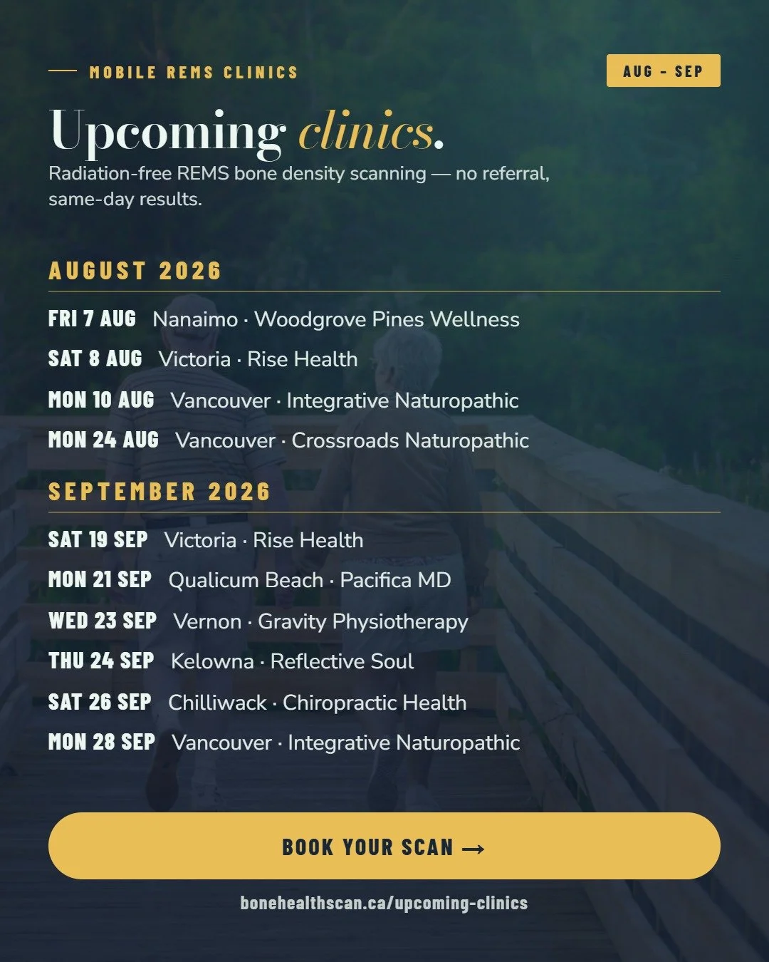📍 Where to find us &mdash; August and September.

🗓️ AUGUST
Fri 7 &middot; Nanaimo &mdash; Woodgrove Pines Wellness
Sat 8 &middot; Victoria &mdash; Rise Health
Mon 10 &middot; Vancouver &mdash; Integrative Naturopathic
Mon 24 &middot; Vancouver &md