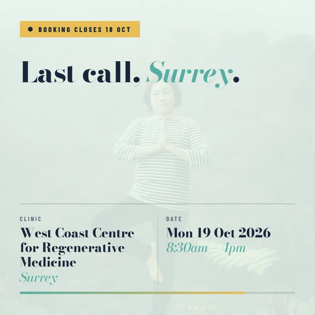 ⏳ Surrey, Monday. Spots are filling.

📍 West Coast Centre for Regenerative Medicine
🗓️ Mon 19 Oct 2026 &middot; 8:30am&ndash;4pm
🦴 REMS &middot; radiation-free &middot; no referral &middot; same-day results

One week to go. Reserve your spot while