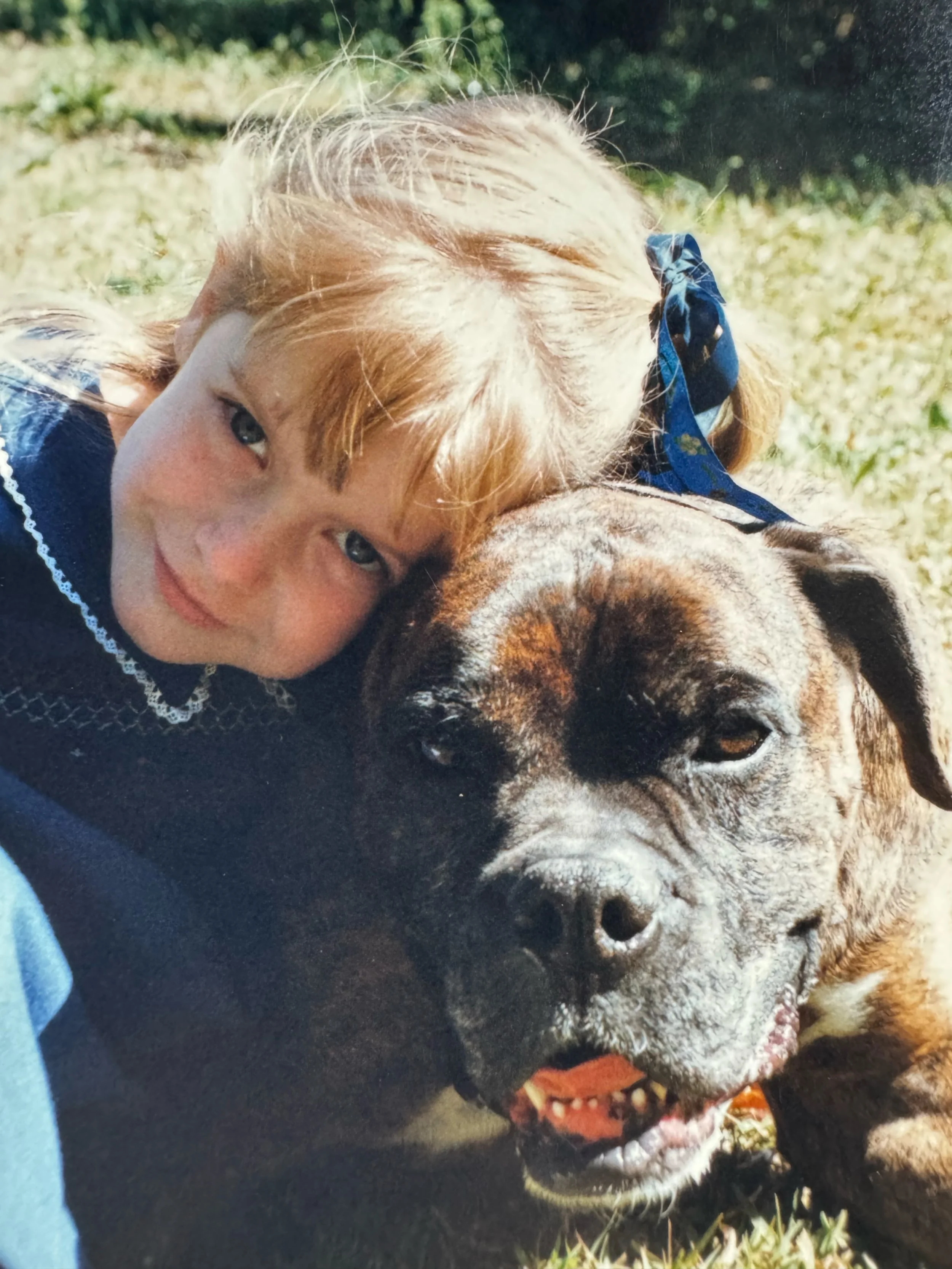 A young girl with blonde hair and a blue hair bow is lying on the ground next to a dog, both appearing to enjoy outdoor sunlight.