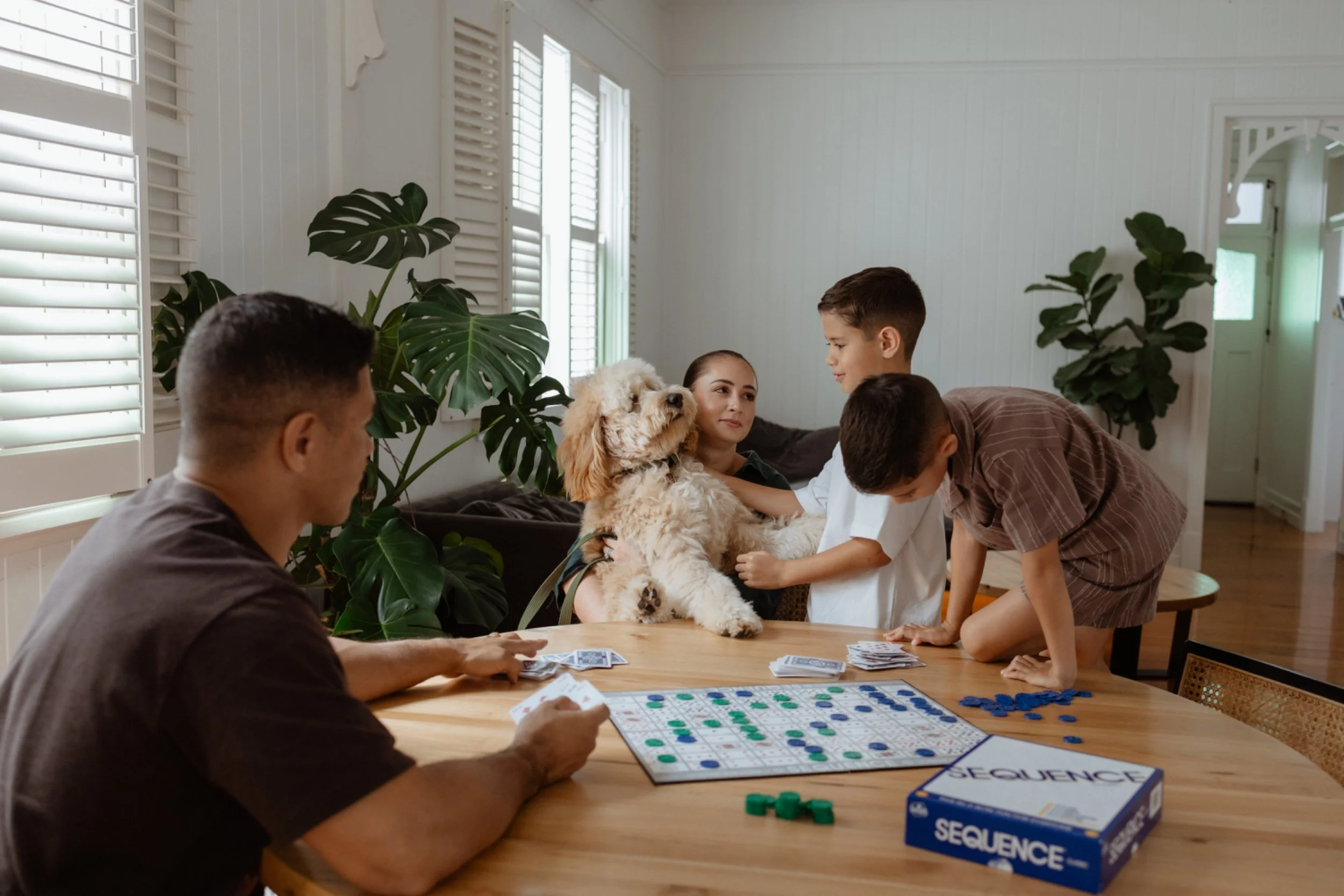 A family of five, including a dog, gathered around a table playing the board game 'Sequence' in a bright living room with large windows, white walls, and green plants.