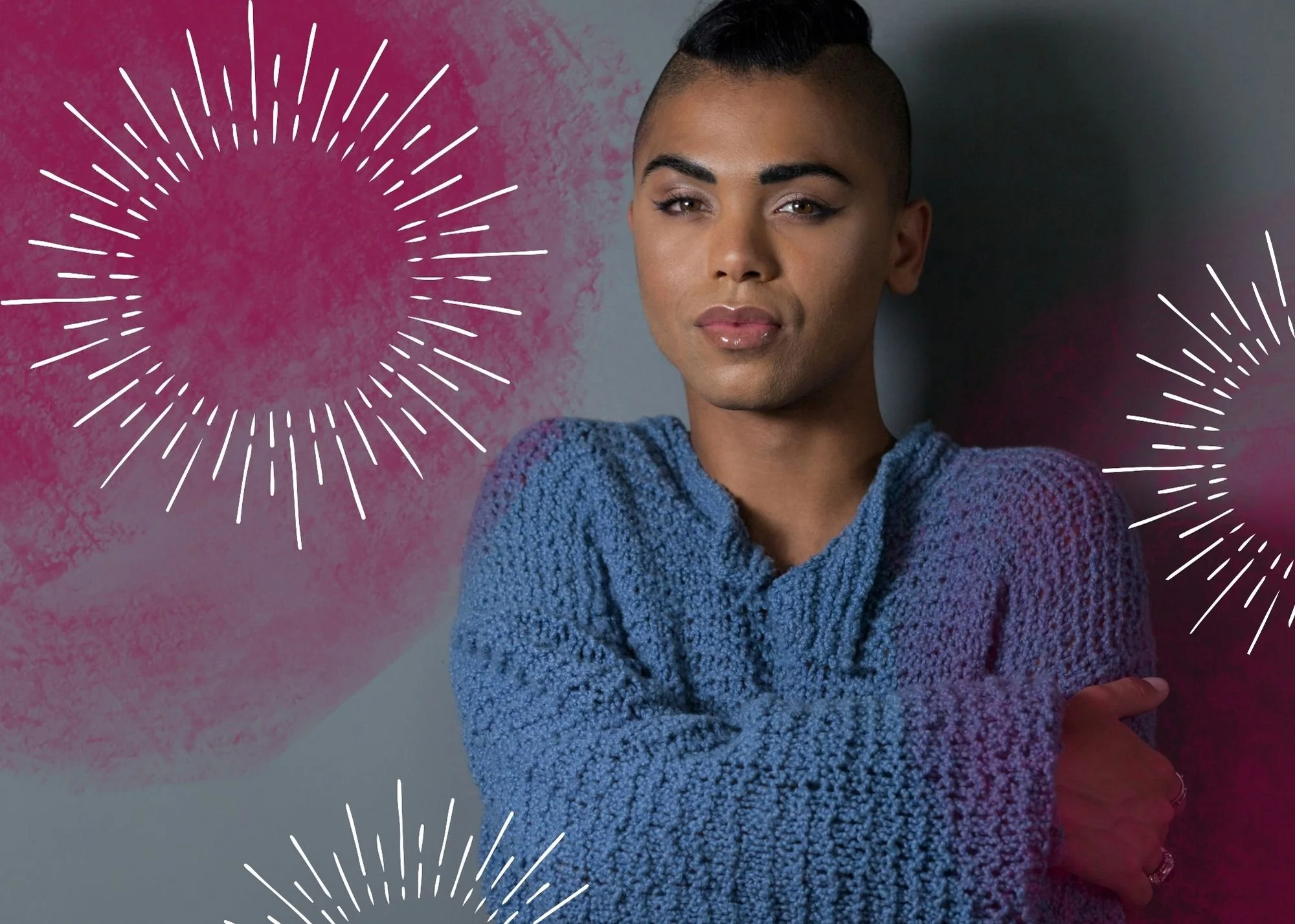 An LGBTQ+ member of the community stands against a wall surrounded by starburst illustration