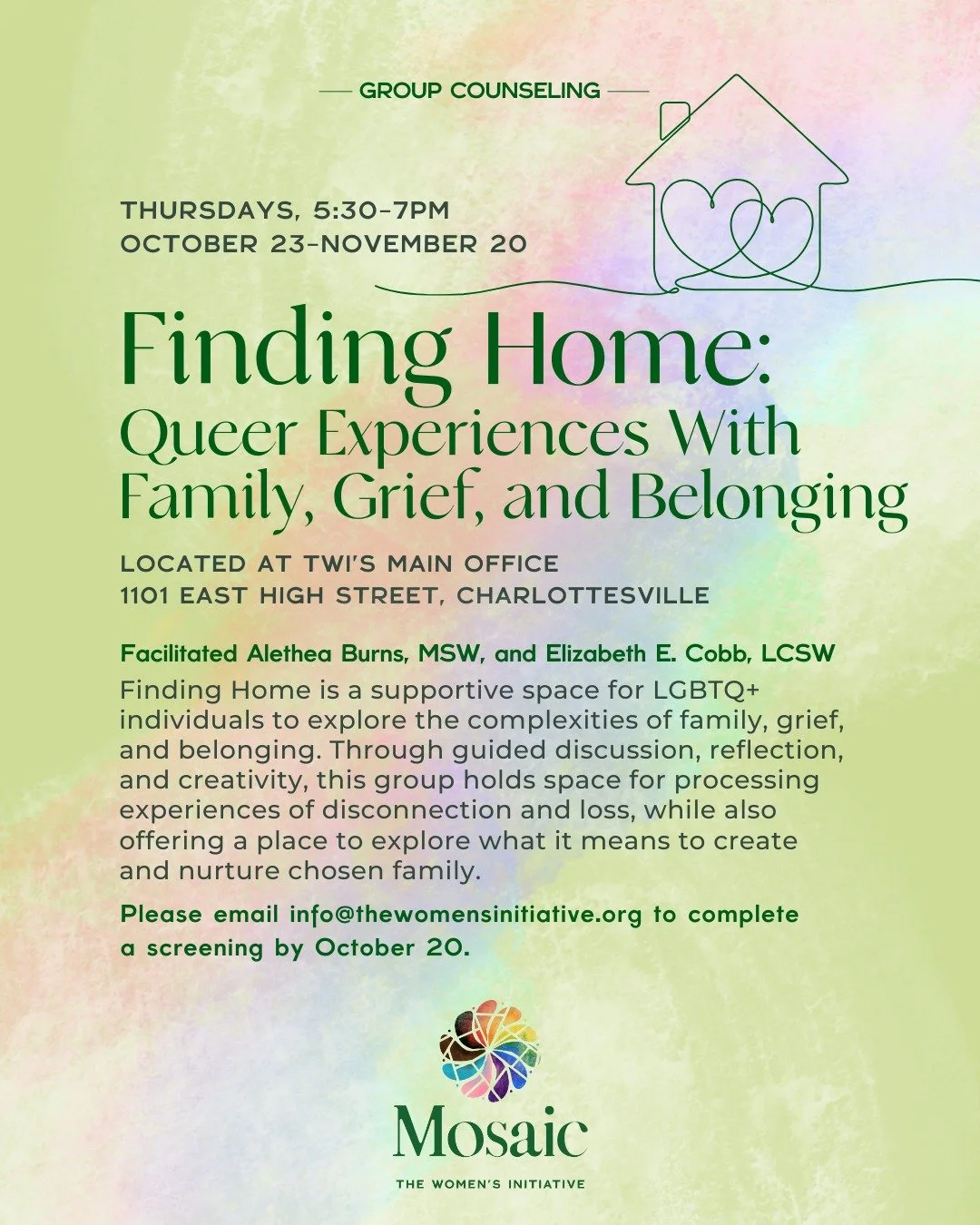 Introducing Finding Home: Queer Experiences with Family, Grief, and Belonging is a supportive group for LGBTQ+ individuals to explore the complexities of family, loss, and chosen family. Through guided discussion, reflection, and creativity, we&rsquo