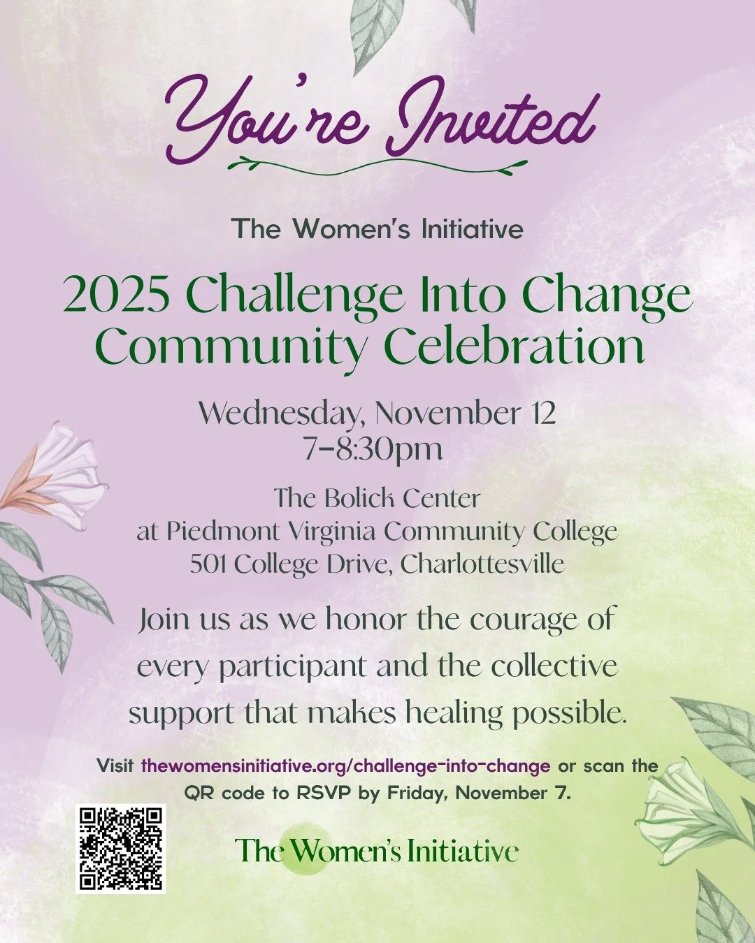 Celebrate the power of storytelling as healing.💜 

Join us for the Challenge Into Change Community Celebration on Wednesday, November 12, from 7-8:30pm at The Bolick Center at PVCC, featuring readings from this year&rsquo;s writers sharing their sto