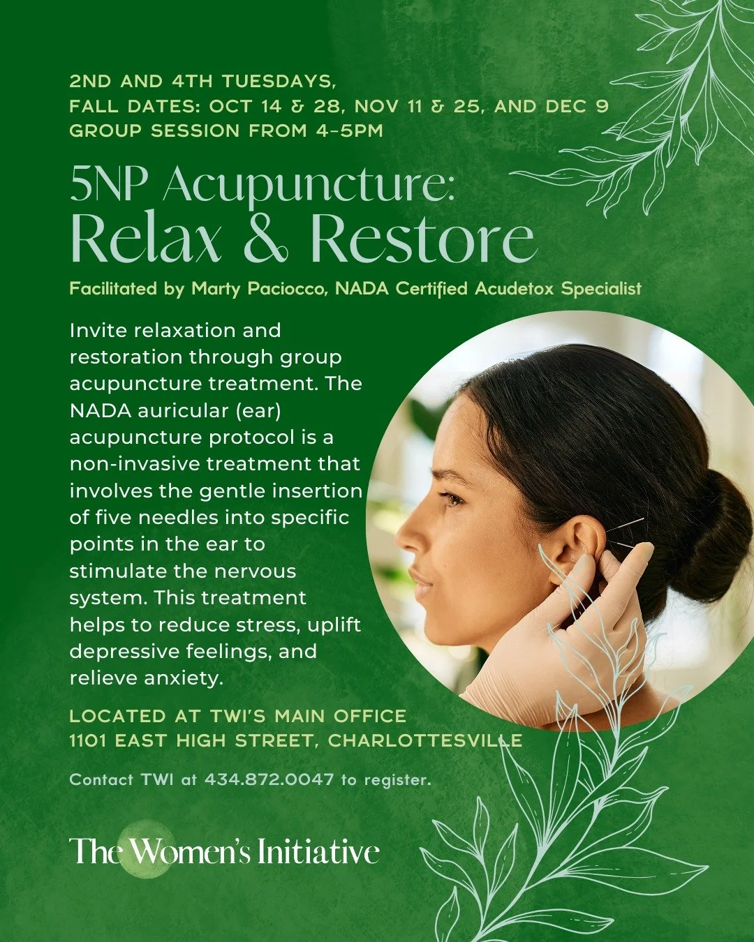Need to relax and restore? 5NP Acupuncture uses the gentle NADA auricular (ear) acupuncture protocol, a non-invasive treatment that supports the nervous system, helping to reduce stress, ease anxiety, lift mood, and can improve sleep and provide a ge