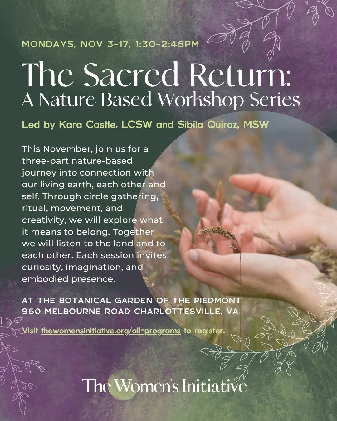 Journey into fall 🧡🍁
This November, join us at the Botanical Garden of the Piedmont for The Sacred Return:  a three-part journey into connection with the earth, each other, and self. Guided by Kara Castle, LCSW, and Sibila Quiroz, MSW, we&rsquo;ll 