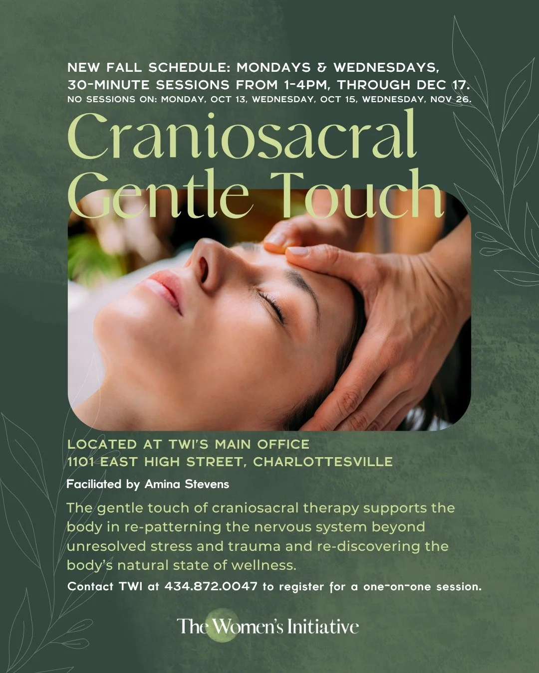 ✨ Gentle Touch. Deep Healing. Renewed Balance. ✨
Every Monday and Wednesday through December 17, experience a 30-minute soothing session of Craniosacral Gentle Touch at The Women&rsquo;s Initiative. Offered 1-4pm, this gentle, hands-on therapy helps 