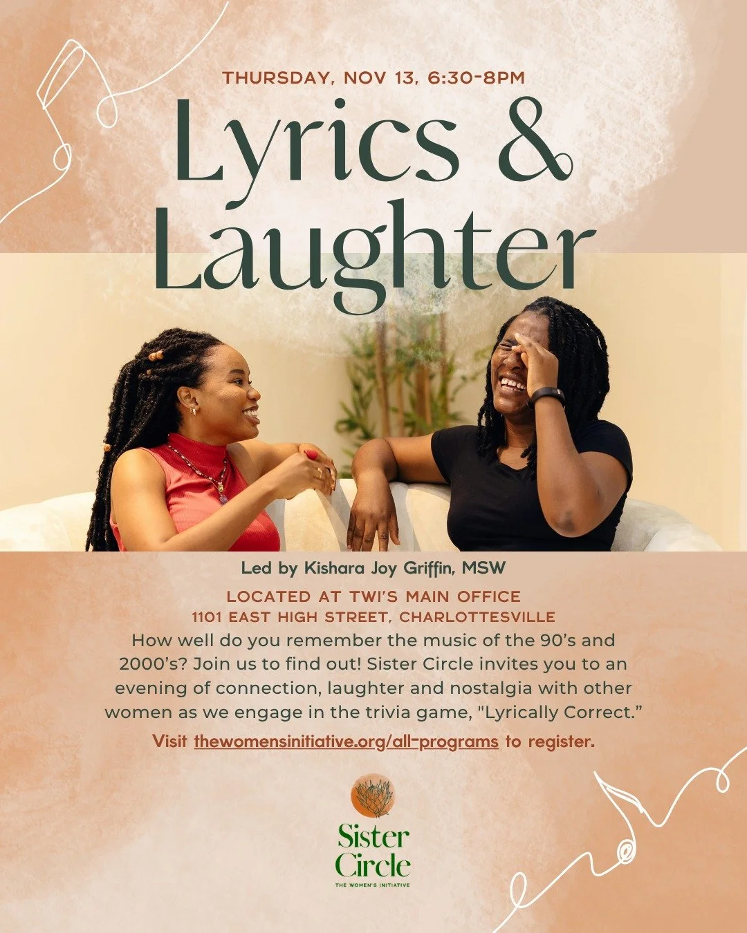 🎶 Lyrics &amp; Laughter A Sister Circle Gathering 🎶
How well do you remember the music of the '90s and 2000s? Join us at The Women&rsquo;s Initiative for an evening filled with laughter, nostalgia, and connection as we play Lyrically Correct, a fun