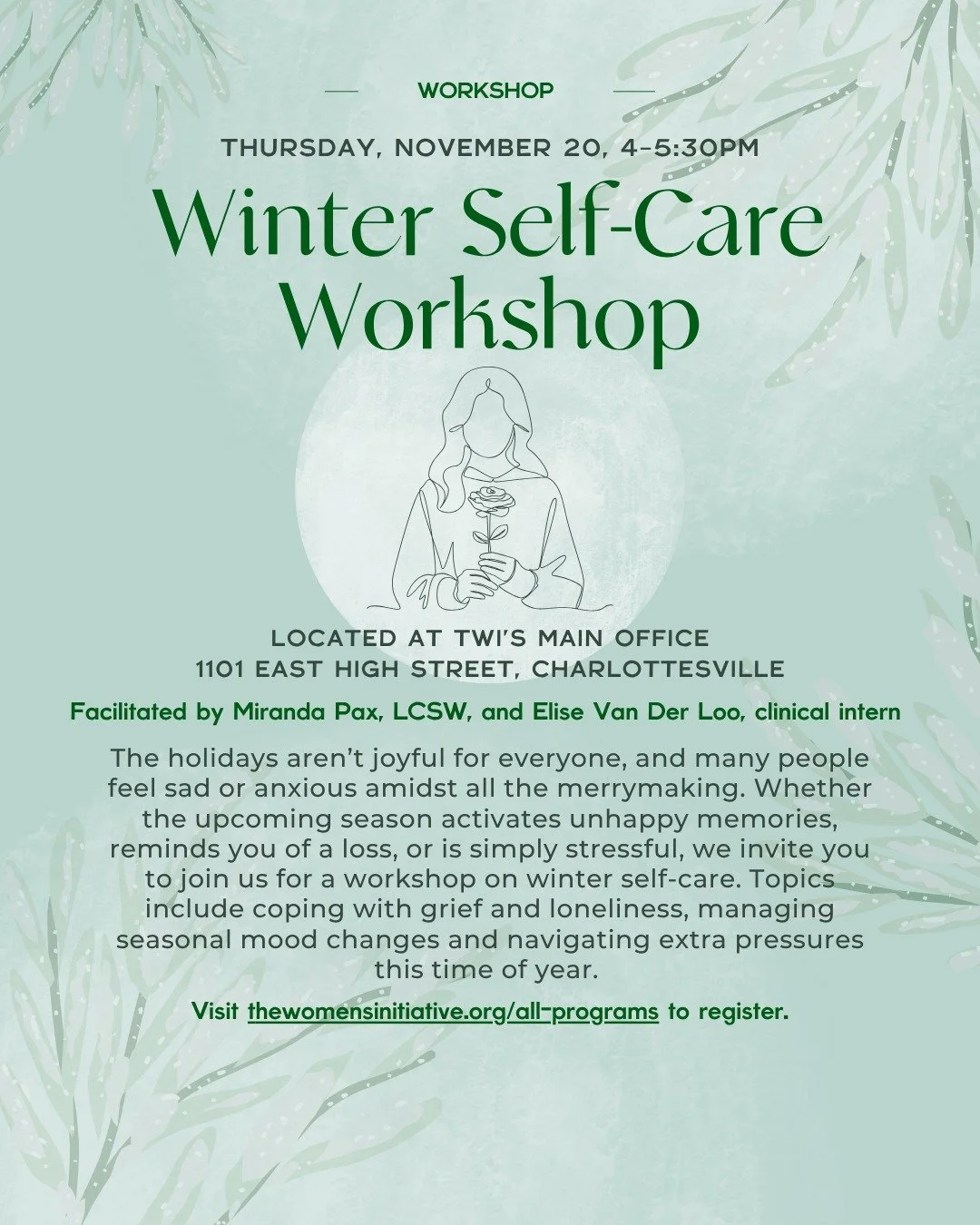 ❄️ Winter Self-Care Workshop ❄️
The holidays can be tender. If this season brings stress, grief, or loneliness, join us for a restorative space to reflect and recharge. 💙

Facilitated by Miranda Pax and Elise Van Der Loo. Join us on November 20, 4&n