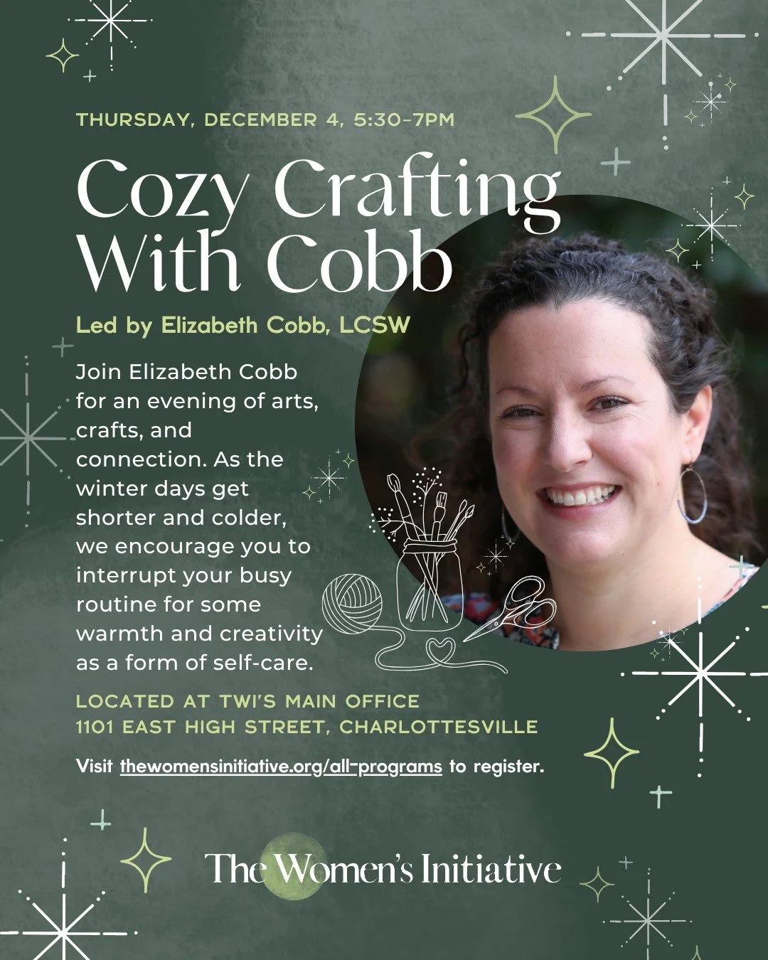 🧶 Cozy Crafting with Cobb 🎨
As the days grow shorter and colder, take a gentle pause for warmth, creativity, and connection. Join Elizabeth Cobb for an evening of arts and crafts designed to soothe the mind and nurture the spirit. ✨

No experience 