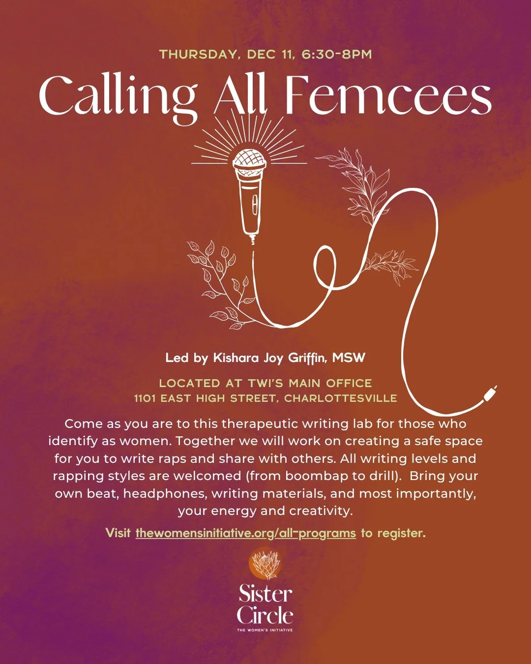🎤 Calling All Femcees! Join us at The Women&rsquo;s Initiative on Thursday, December 11, 6:30&ndash;8pm, for a therapeutic writing lab led by Kishara Joy Griffin, MSW. This creative, supportive space is for women who rap and write to explore rhythm 