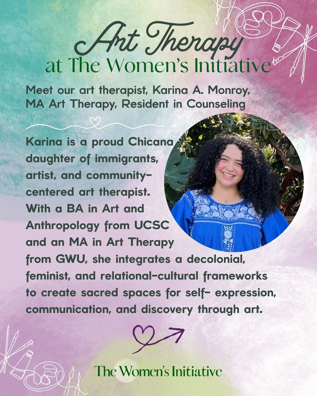 Meet our art therapist, Karina A. Monroy, MA in Art Therapy, Resident in Counseling. Karina creates a sacred space where participants can communicate, express themselves, and discover new parts of who they are through art.

If you&rsquo;re curious ab