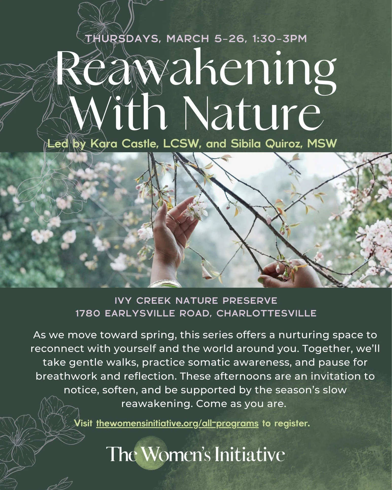 🌿As winter begins to give way to spring, Reawakening With Nature creates space to slow down and reconnect both inwardly and with the environment around you. Hosted at Ivy Creek Nature Preserve, this series encourages mindful movement through gentle 