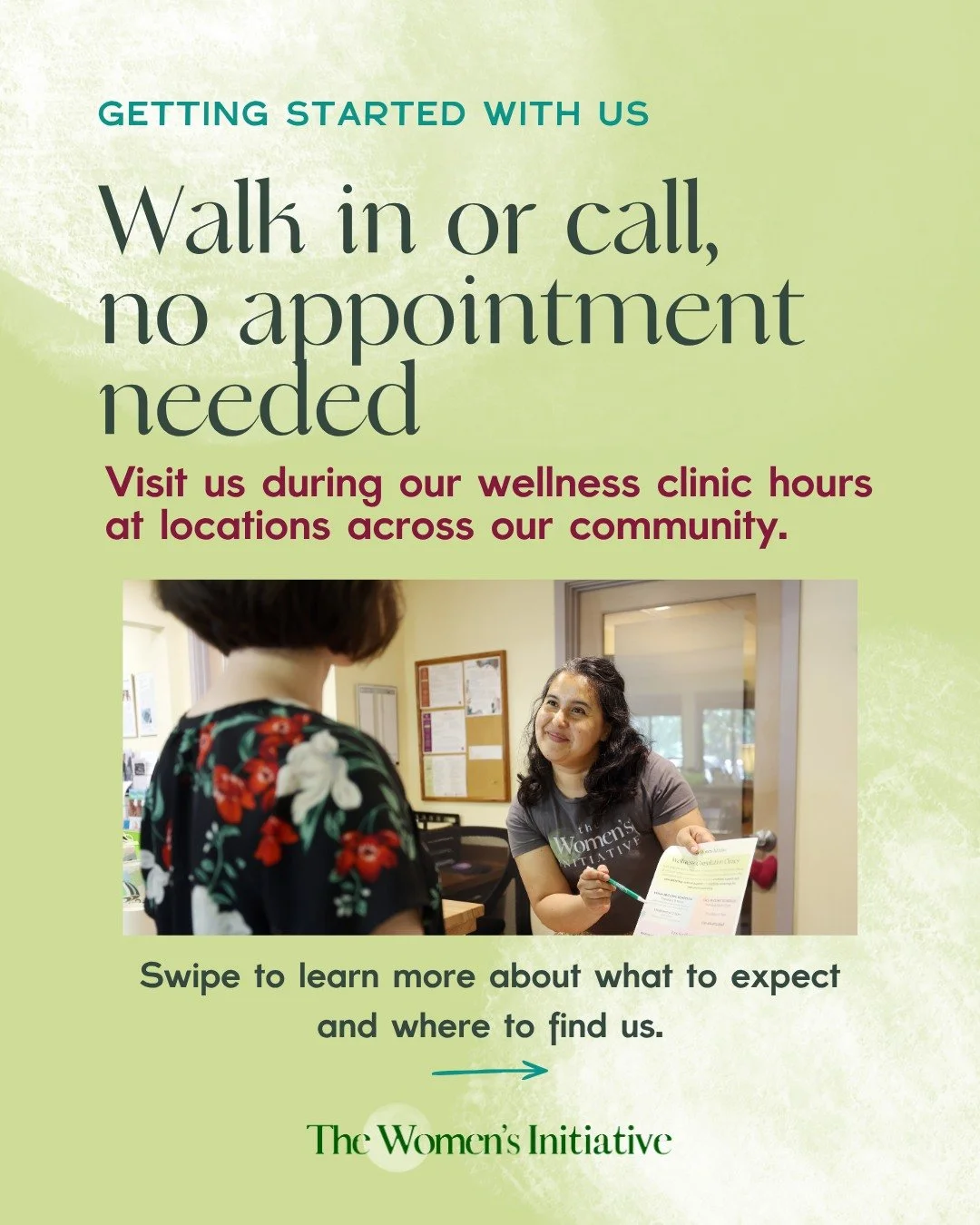 Getting connected to support should feel simple and within reach.

Our wellness clinics are open four days a week, offering compassionate mental health support for women and gender-expansive community members.

No appointment is needed. You&rsquo;re 