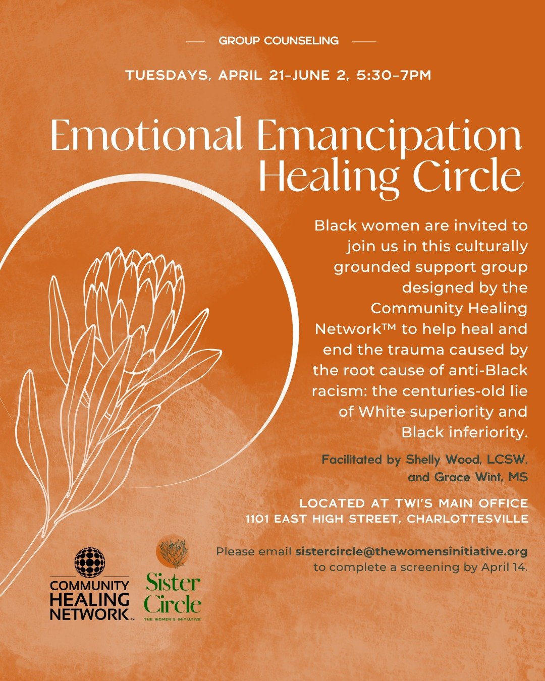 Join us for the Emotional Emancipation Healing Circle on Tuesdays, April 21&ndash;June 2, from 5:30&ndash;7pm at our main office.

Black women are invited to take part in this culturally grounded support group, developed by the Community Healing Netw
