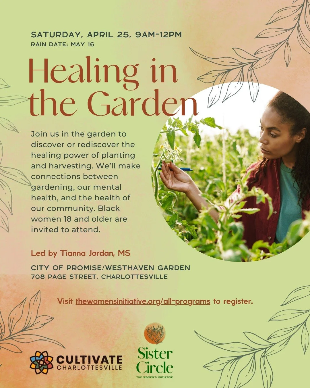 Spend a morning in the garden reconnecting with yourself, the earth, and community. 🌱 Join us for Healing in the Garden on Saturday, April 25, from 9am&ndash;12pm at the City of Promise/Westhaven Garden, 708 Page Street in Charlottesville.

Led by T