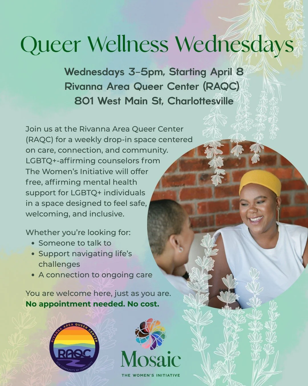 Join TWI for Queer Wellness Wednesdays at Rivanna Area Queer Center (RAQC) from 3-5pm. 🏳️&zwj;🌈

This new offering is a weekly drop-in space for care and connection for members of he LGBTQ+ community to receive LGBTQ-affirming counseling and suppor