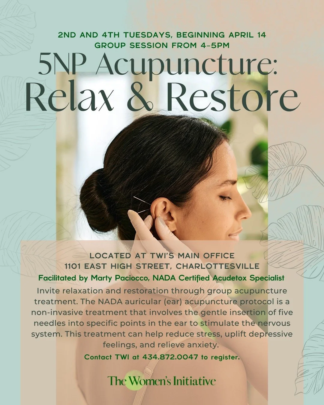 Looking for space to relax and restore? 🌿

Join us for 5NP Acupuncture: Relax &amp; Restore on the 2nd and 4th Tuesdays from 4&ndash;5pm at TWI&rsquo;s Main Office (1101 East High Street, Charlottesville).

Facilitated by Marty Paciocco, NADA Certif