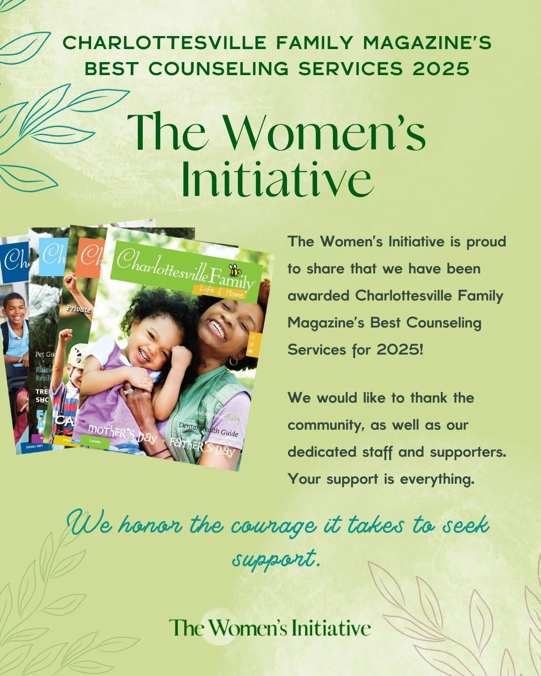 We are honored to share that The Women&rsquo;s Initiative has been named Best Counseling Service by Charlottesville Family Magazine. 🏆🌸

This recognition reflects the care, trust, and connection that make this work possible.

To our staff, thank yo